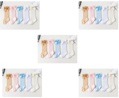 Baby Infants Kids Toddlers Girls Boys Knee High Socks Tights Leg Warmer Ribbon Bow Solid Cotton Stretch Cute Lovely